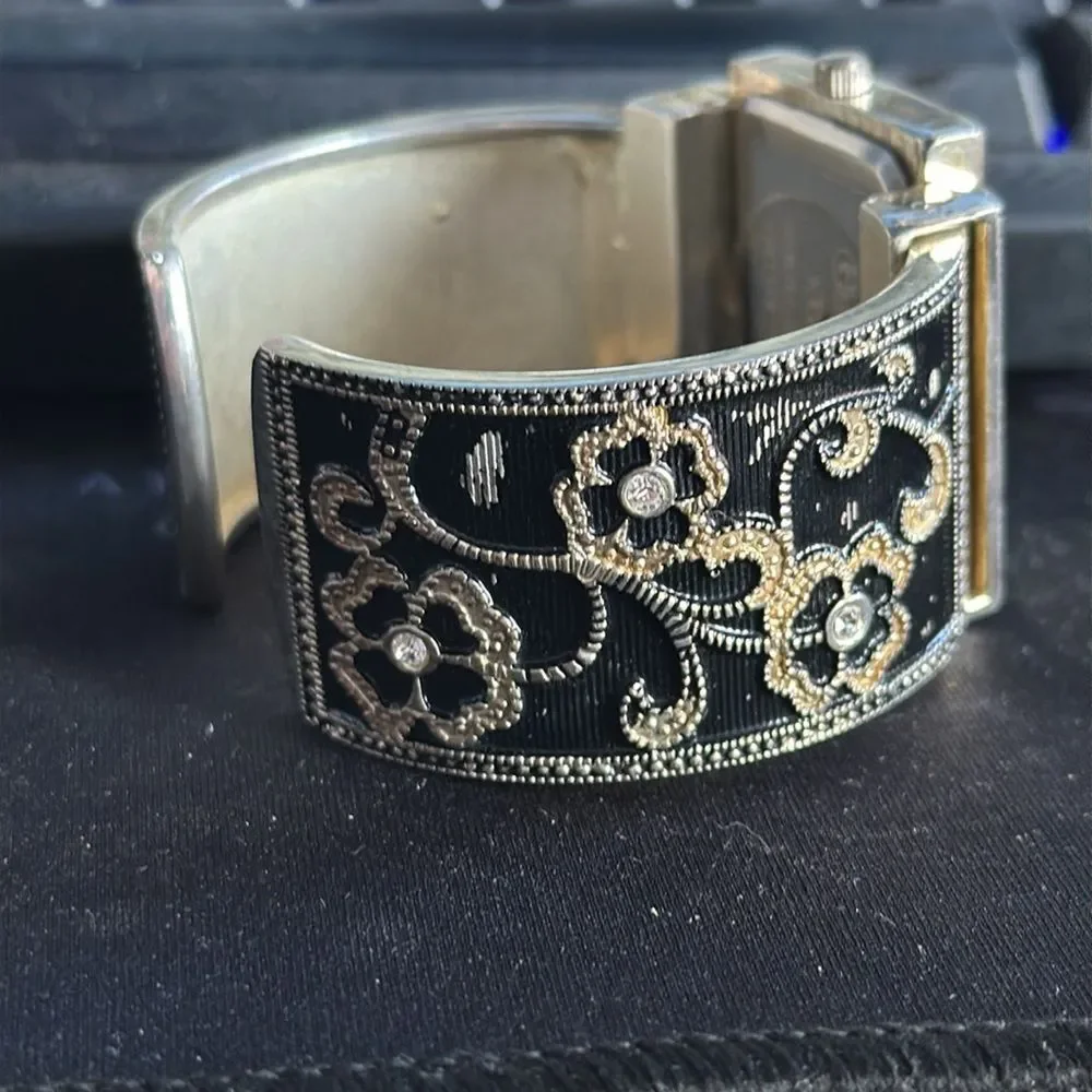 Geneva Women's Vintage Cuff Watch Black SW 147 Floral Band Quartz Retro Style